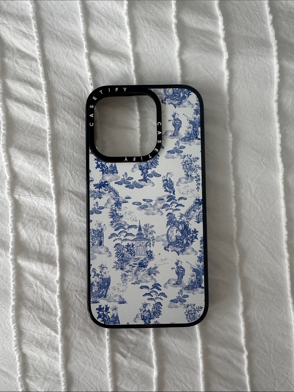iPhone 15 Pro Casetify White Phone Case with Blue Toile Pattern